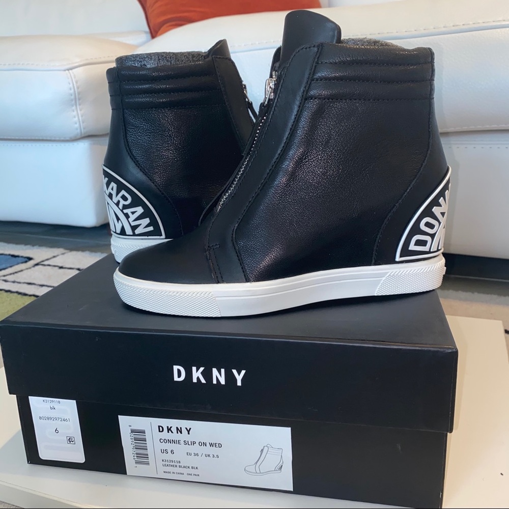 DKNY Wedge Sneakers (NEW) Black Leather Size 5 Women